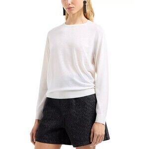 Emporio Armani Cream Wool Sweater M Crystal Embellished Long Sleeve Knit Top